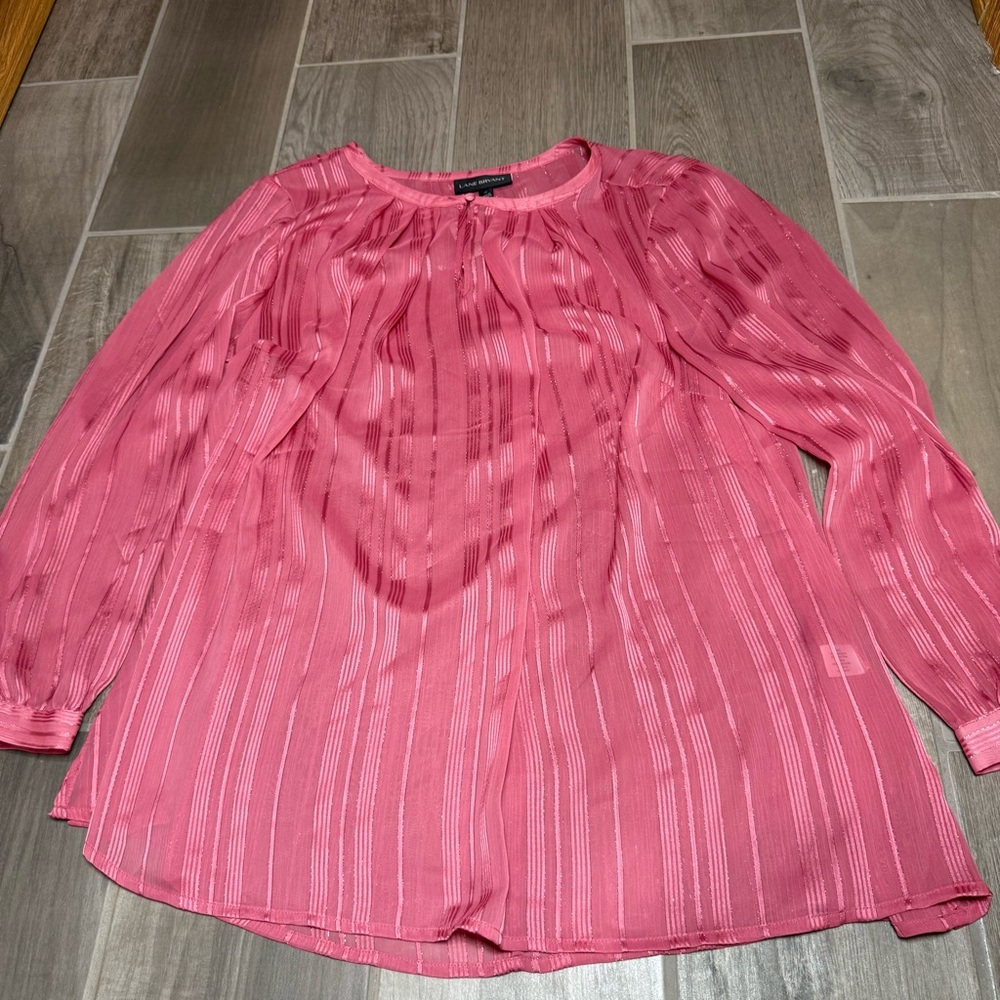 Lane Bryant Sheer Pink Striped Blouse Women’s Long Sleeve Size 14
